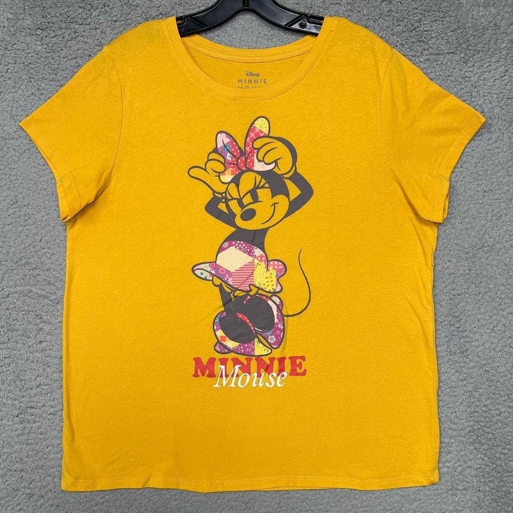 Disney Minnie Mouse T Shirt Women's Sz L Yellow Patchwork Bow Sandal Skirt Tee